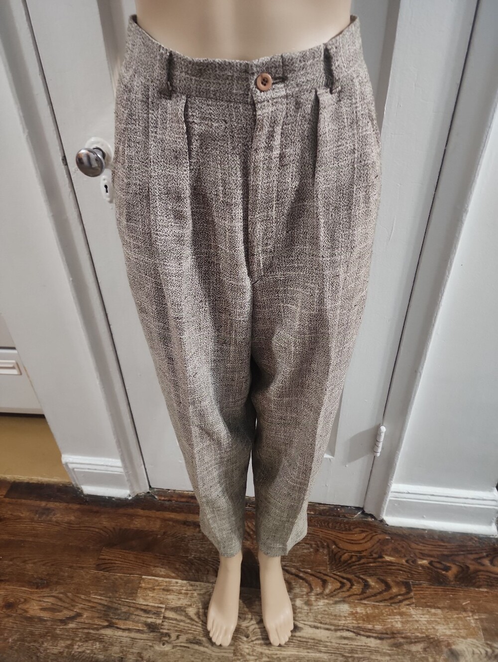 Vintage 1980s Brown/White Tweed Rayon Pants Petitie Size 4 High Waist Pleated